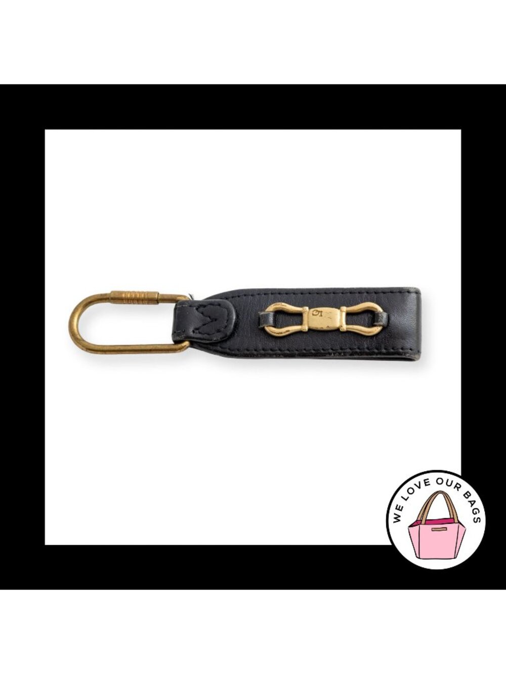 Vintage Y2K LIZ CLAIBORNE Keychain Gold Brass Black Leather Bag Charm Tag Fob